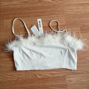 AQ/AQ White Sequin Feather Trim Cami